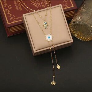 Stainless Steel Double Layer Chain with Dropping Eyes and Palm 18K Gold Plated